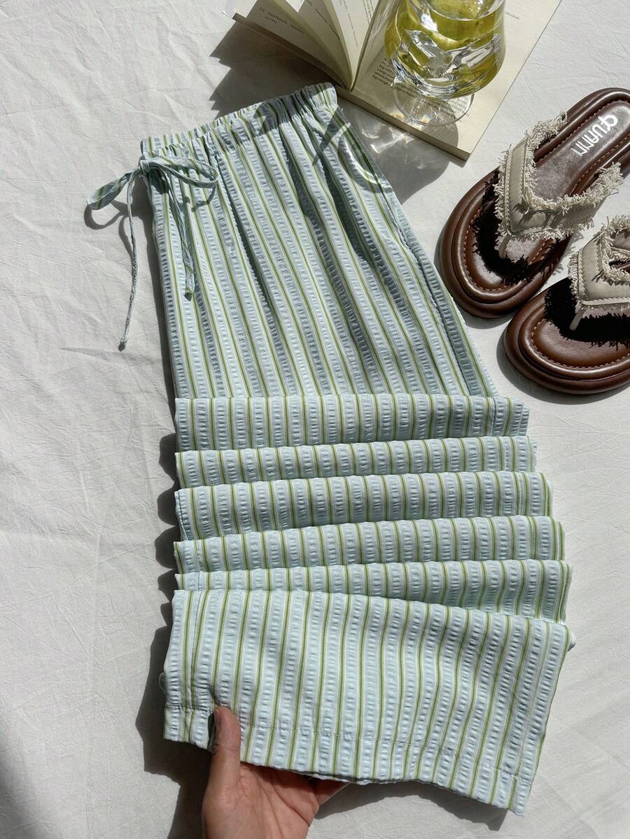 Comfortcana Pantalones casuales holgados a rayas para mujer en verano - Celeste - Ver 1