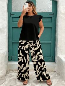EMERY ROSE Conjunto de 2 piezas para mujer talla grande, blusa de cuello redondo de unicolor y pantalones de pierna ancha con estampado total, uso casual diario - Multicolor - Ver 7