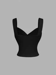 SHEIN MOD Áo hai dây dệt kim xếp ly màu trơn thời trang dành cho nữ - màu đen - Xem 2