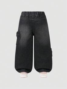 SHEIN Quần jeans ống đứng dáng rộng, thoải mái, dễ phối đồ, có nơ và túi, dành cho bé gái, thích hợp mặc hàng ngày. - Màu xám đen - Xem 2