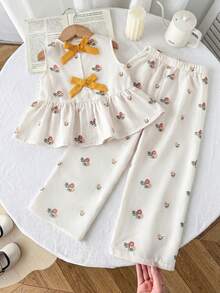 SHEIN 2pcs/Set Young Girl Ditsy Floral Sleeveless Tank Top & Loose Casual Pants Set,Kids - Apricot - View 4
