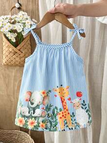 SHEIN Playful Pals 女婴服装 女婴连衣裙 全花卉图案 吊带蝴蝶结 夏季优雅清新连衣裙 - 藍色 - 查看 3