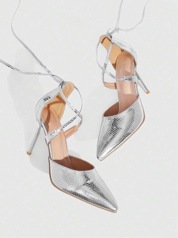 CUCCOO SZL Women Shoes Pointed Thin High Heel Silver Snake Pattern Hollow Lace Up Fashion Sexy Elegant Party Banquet Night Club Women's High Heel Shoes Hollow Shoes Women's Shoes