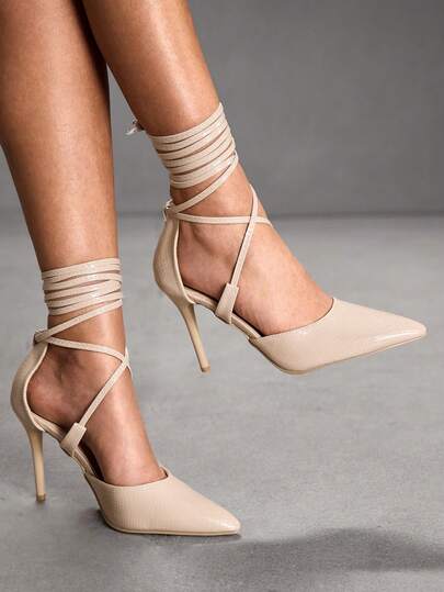 CUCCOO SZL 女士尖头细高跟鞋杏色蛇纹镂空系带时尚性感优雅派对宴会夜店女士高跟鞋镂空鞋女鞋