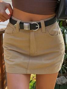 DAZY Women's Regular Waist Super Short Street Casual Washed Denim Mini Skirt Y2k - Khaki - View 4