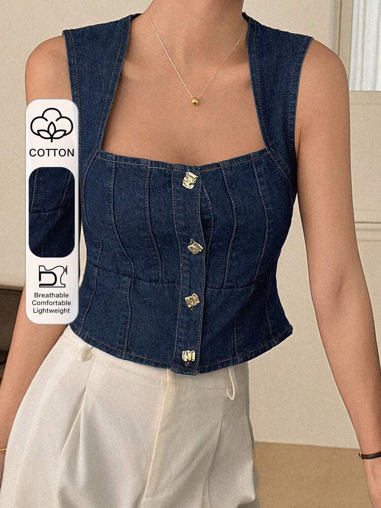 Women's Sleeveless Cropped Denim Vest, Casual Vacation Style Summer Babydoll Top