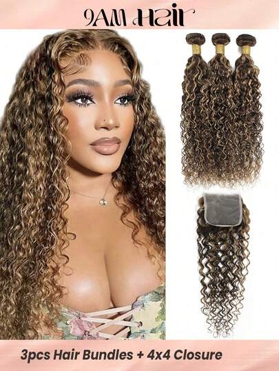 Highlight Piano Color Water Wave 3 PCS Virgin Human Hair Bundles With 4 X 4 Free Part Lace Closure In One Set P4/27# Mixed Wavy Bundle And Closure