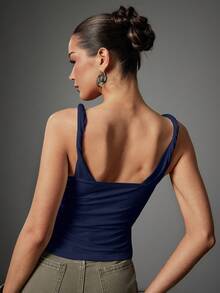 Hauture Women's Sexy Casual Twisted Shoulder With Low Back Design Going Out Basic Top - Navy Blue - View 2
