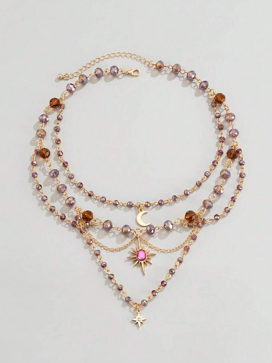 ROMWE Fairycore 1. 多层水晶串珠星月吊坠项链。 - 金黃色 - 查看 1