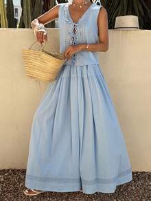 Livesso Women's Summer Blue Lace-Up Blouse And Casual Skirt 2 Pieces Set, Suitable For Holidays, Weddings, Graduations, Easter - Blue - View 3