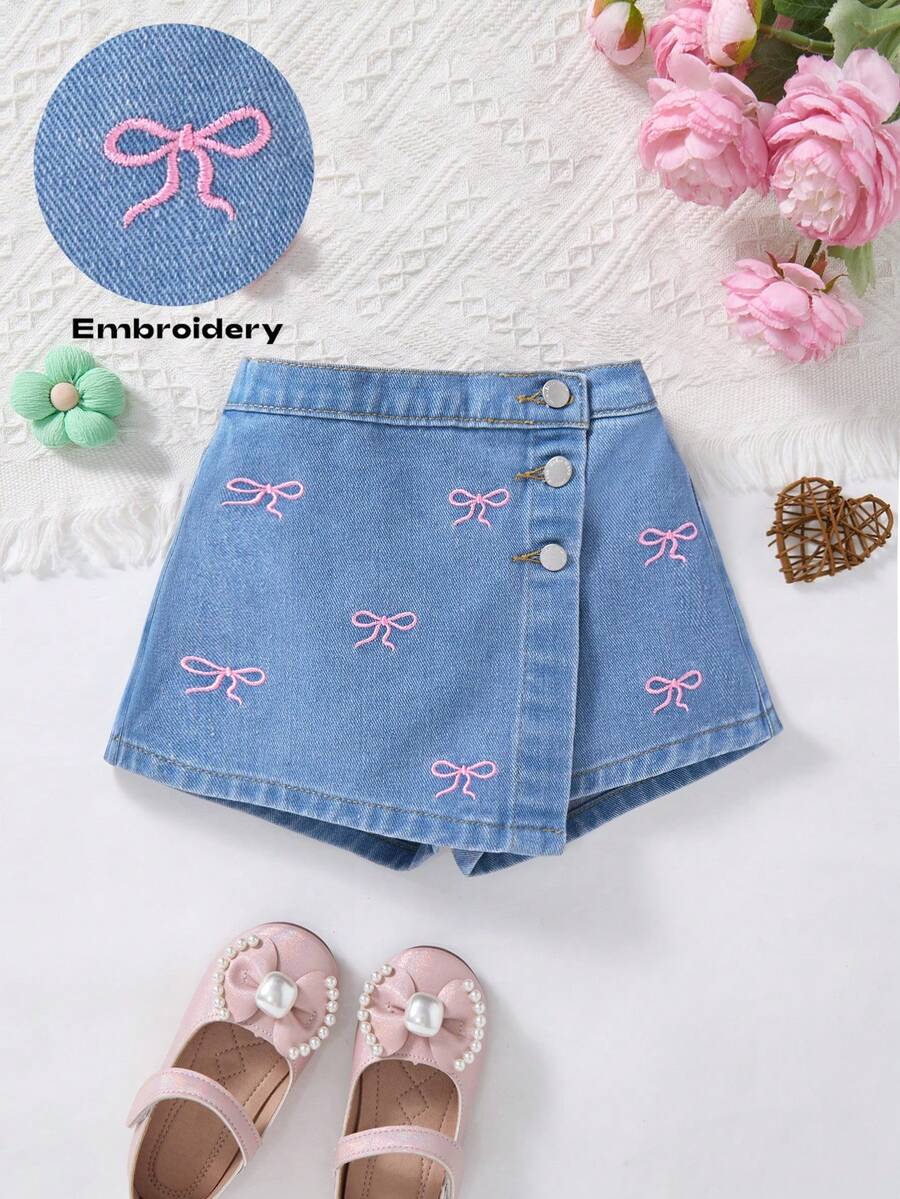 SHEIN 小女孩粉色蝴蝶结刺绣蓝色牛仔裙短裤 - 淺色水洗藍 - 查看 1