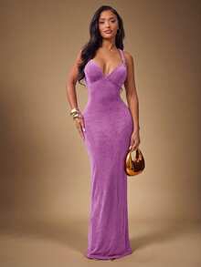 Radiana 女士性感优雅酒红色紧身连衣裙，露背设计，金属珠饰细肩带，红色正式礼服，适合约会、聚会、生日、派对、宴会、舞会和正式场合。 - 紫色 - 查看 3