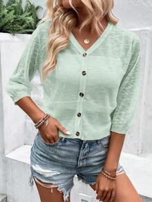 SHEIN PariChic Áo khoác cardigan nữ màu trơn tay ngắn cài một hàng khuy, chất liệu mỏng nhẹ, kiểu dáng thường ngày. - màu xanh lá - Xem 6