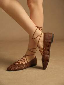 Rosivie 女士方头系带休闲时尚凉鞋 - 棕色 - 查看 5