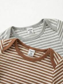 SHEIN 2pcs/Set Infant Baby Boys' Striped Envelope Collar Knit Short Sleeve Romper,Blue White Stripe,Summer,Casual,Family Matching Mocha Brown Bodysuits - Multicolor - View 6
