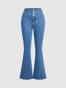 SHEIN MOD Quần jeans ống loe nữ, kiểu dáng thường ngày, đã qua xử lý giặt. - Màu xanh lam - Xem 1