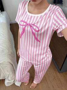 SHEIN Pink Striped Bow Print Short Sleeve Pajama Set For Women - Multicolor - View 3