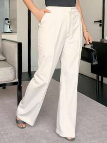 Dazy Plus 加大码纯色宽松直筒休闲黑色长裤，适合所有季节的女士正装裤秋季 - 白色 - 查看 3