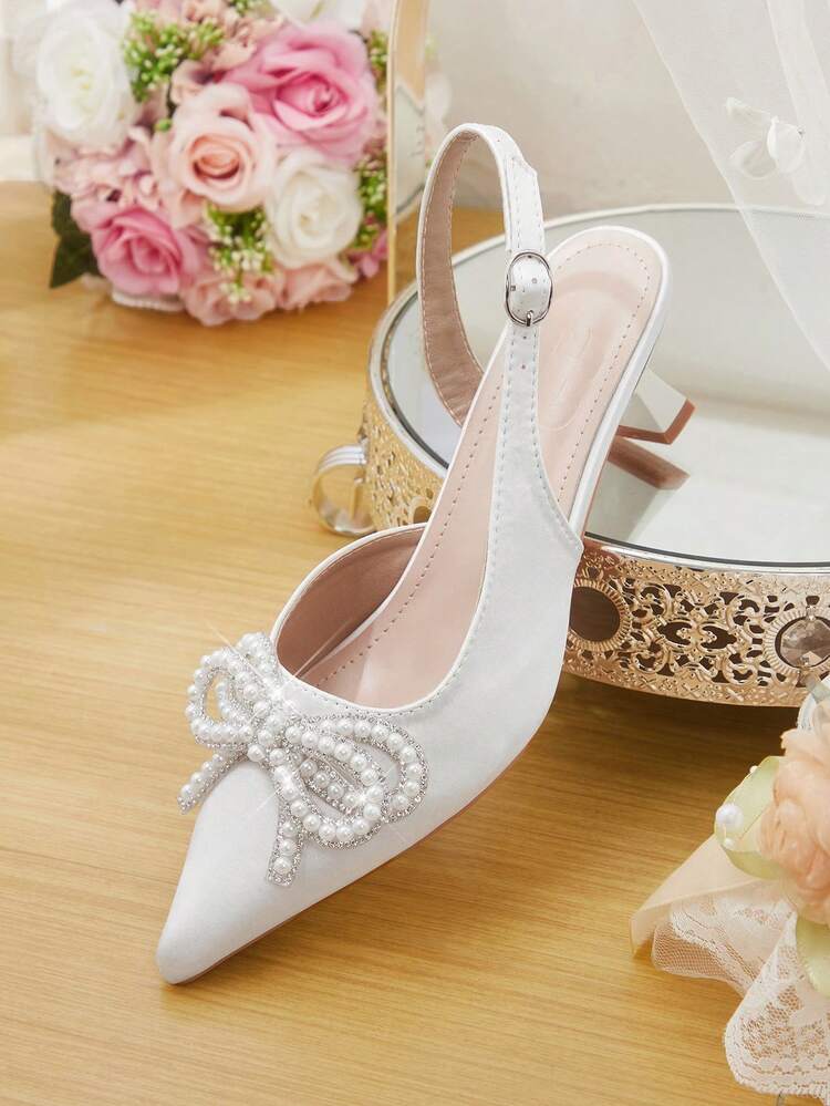CUCCOO HITCHD Women Shoes Classic Simple Fashion High Heels Pointed Toe Thin Heels Slingback Shoes, Pearl Bow Decorative Kitten And Women's Shoes, Workplace Light Party Elegant Temperament High Heels