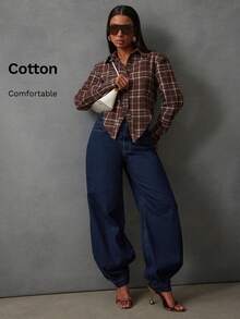 NYA SZN Pantalones vaqueros de tiro alto con pierna de barril abombada, lavado oscuro, para vacaciones, festivales, invierno, primavera, ropa casual de calle para mujeres - Azul lavado oscuro - Ver 1