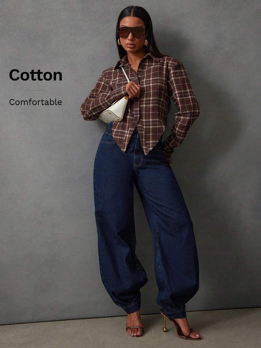 NYA SZN Pantalones vaqueros de tiro alto con pierna de barril abombada, lavado oscuro, para vacaciones, festivales, invierno, primavera, ropa casual de calle para mujeres - Azul lavado oscuro - Ver 1