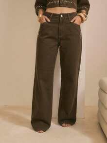 Aralina Winter / Summer Low Rise Stud Detail Denim Jean - Chocolate Brown - View 4