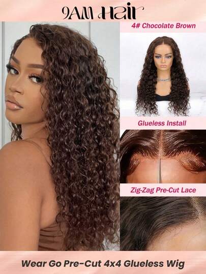 4# Dark Chocolate Brown Long Curly Water Wave Wear & Go 4x4 Pre Cut Lace Glueless Closure Wig Pure Stretch Breathable Cap 0 Skill Needed