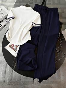 Resyla Polo Collar T-Shirt + Pants Set, Embroidered, Special Craftsmanship Shell Embroidery, Fashionable Minimalist Women's Polo Collar T-Shirt + Pants Set, Gift For Friends - Navy Blue - View 2