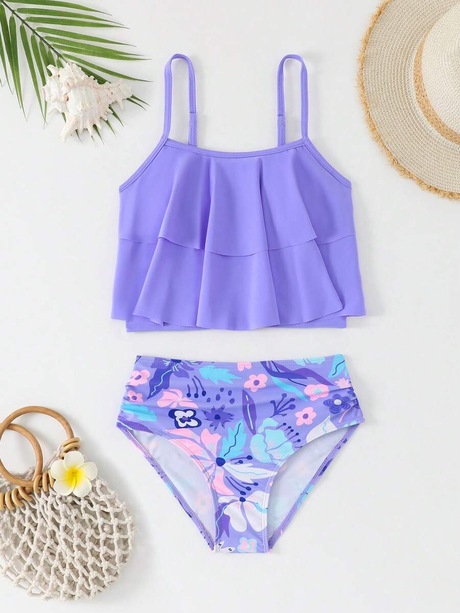 SHEIN 少女热带花卉印花吊带比基尼泳衣,紫色针织面料细肩带比基尼两件套,时尚休闲优雅泳装,适合游泳、海滩、度假等场合。少女泳装,少女泳衣,女童泳装,青少年泳装,全包臀比基尼套装,少女两件式泳衣,可爱女童泳装,青少年吊带比基尼泳衣,少女泳装 - 紫色 - 查看 1
