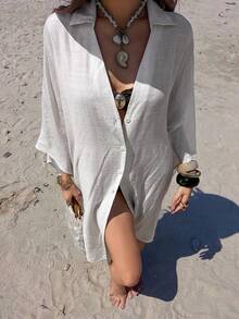 Livesso 女士V领宽松开襟休闲优雅和服罩衫 - 白色 - 查看 5