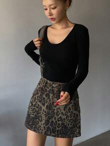 Dazy Tall 高个女式豹纹半身裙，度假风牛仔迷你裙 - 軍綠色 - 查看 4