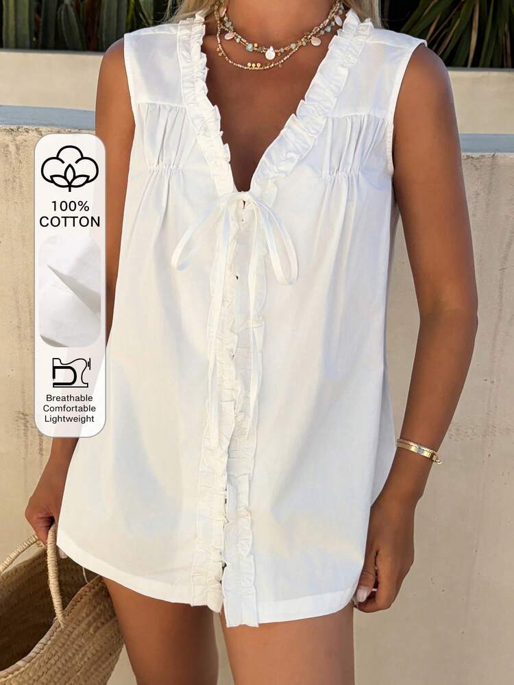 Women's Summer V-Neck Sleeveless Frill Trim Bow Tie Casual Pullover Blouse
