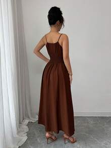Elenzga Váy suông rộng rãi thoải mái màu cà phê vải lanh thắt nơ phía trước có dây rút ở eo cho nữ, mùa xuân/hè - Cà phê - Xem 2