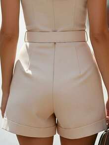 EMERY ROSE Áo blazer không tay, cổ áo cài khóa kim loại, eo bó, quần short ống rộng, bộ đồ liền thân mùa hè, bộ đồ liền thân cho nữ, bộ đồ liền thân trang trọng cho nữ, bộ đồ liền thân trang trọng cho nữ, bộ đồ mùa hè thanh lịch cho nữ. - Màu be - Xem 4
