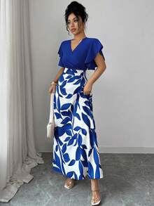 Elenzga Vestido ajustado y acampanado con mangas de campana, con patrón de hojas de color rojo burdeos elegante para mujer, primavera/verano - Azul - Ver 5
