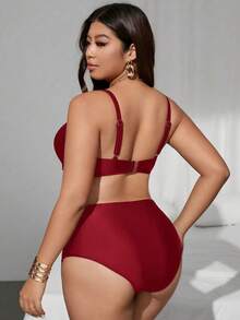 Swim Lushoire Women's Solid Color Underwire Bra Bikini Set With Adjustable Straps, Stylish, Fashionable, And Casual Beachwear - 紅玫瑰 - 查看 2