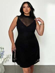 Firerie Plus Size Comfortable Casual Elegant Vacation Party Sexy Mesh Sheer Stand Collar Sleeveless Bodycon Mini Dress For Women, Spring/Summer Wedding Dress For Women Black Dress Plus - Black - View 1