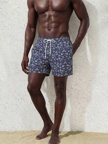Surfspeed Pantalones cortos de playa casuales con estampado todo sobre y cordón en la cintura para hombre, vacaciones - Azul Marino - Ver 3