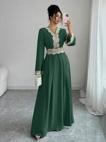 Rafferiza 女士纯色浅灰绿色V领收腰长袖A字荷叶边收腰长袍，女士长款土耳其长袍，阿拉伯秋季长袍 - 綠色 - 查看 5