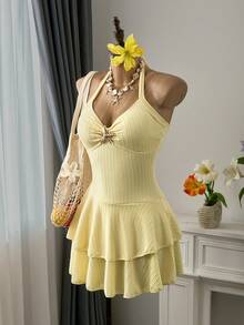 Bellisia Traje de baño de una pieza elegante de color amarillo limón con falda tipo pastel, adecuado para la playa, la piscina, actividades casuales al aire libre, fiestas y vacaciones en primavera y verano - Amarillo claro - Ver 3