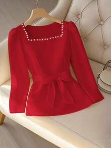 GlowEve CURVE Rhinestone Embellished Square Collar Cute Bow Plus Size Blouse - Red - View 1