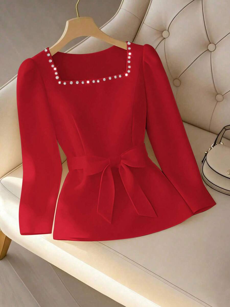 GlowEve CURVE Rhinestone Embellished Square Collar Cute Bow Plus Size Blouse - Red - View 1