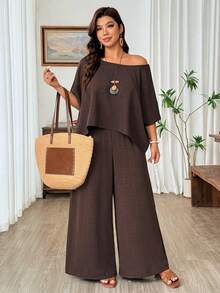 Weeklong 大码女式不对称肩部蝙蝠袖上衣和阔腿裤两件套，休闲度假成熟舒适套装，春夏款 - 棕色 - 查看 6