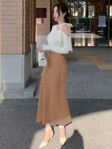 DAZY 女士修身纯色缎面鱼尾长裙，春夏款 - 香檳色 - 查看 2