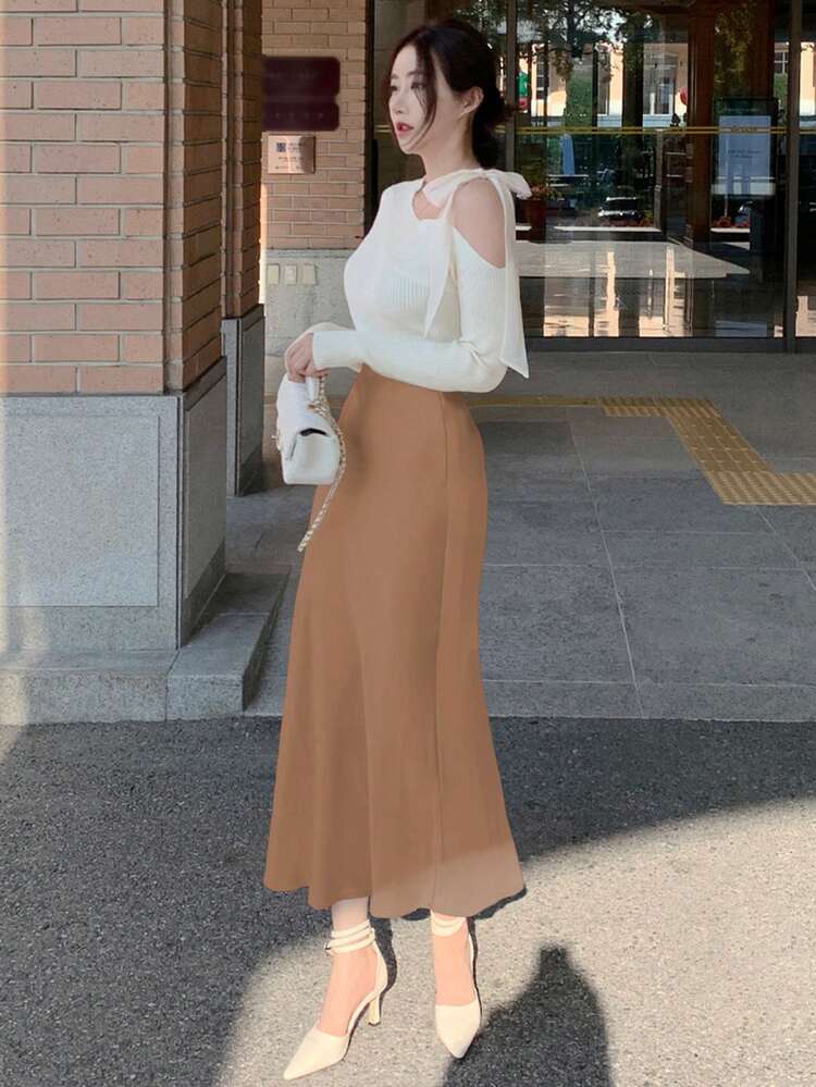 Women's Fitted Solid Color Satin Maxi Mermaid Skirt, Spring/Summer