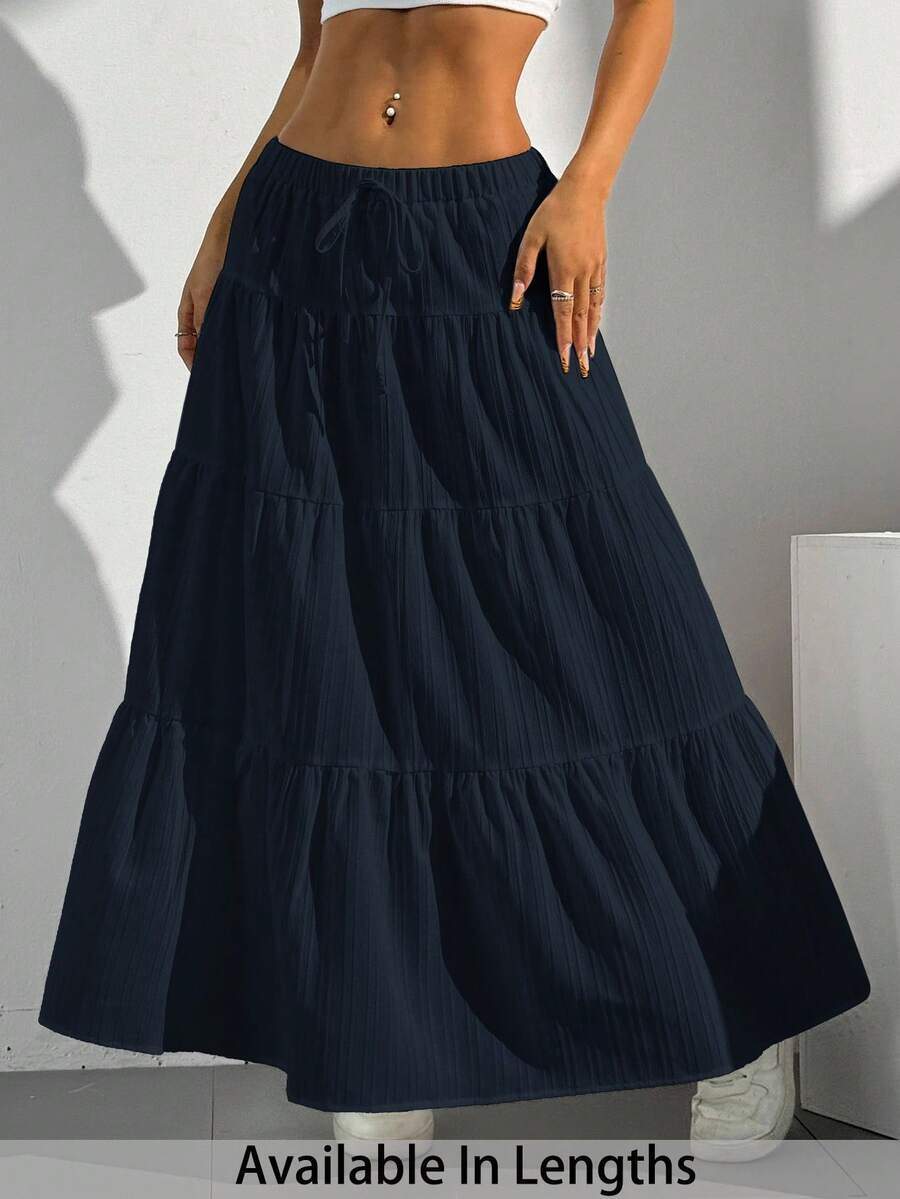 SHEIN PETITE CURVE Falda casual de verano de talla grande, de unicolor, con cintura elástica, cordón y dobladillo con volantes - Azul Marino - Ver 1