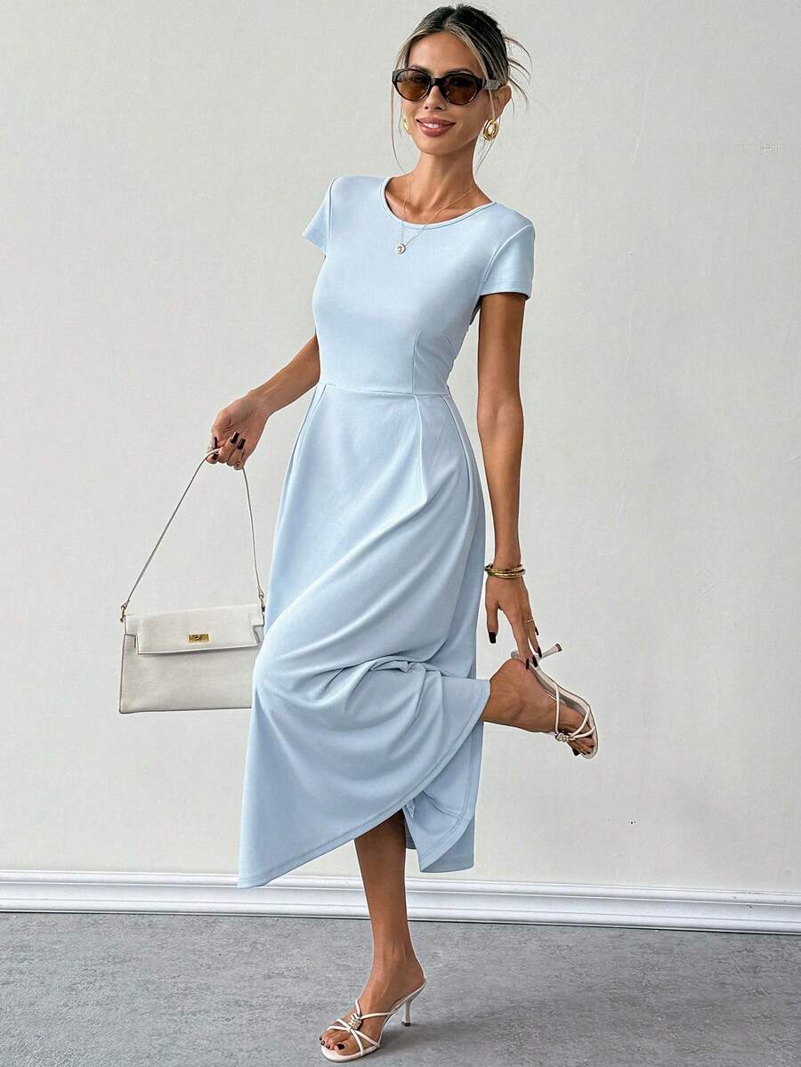 Ritzy Row 女士蓝色梭织圆领短袖休闲连衣裙 - 藍色 - 查看 1