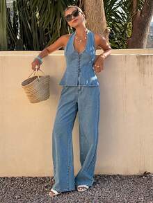 DAZY Bộ đồ denim nữ mùa hè, gồm áo hai dây cài khuy và quần dài. - Màu xanh lam - Xem 4