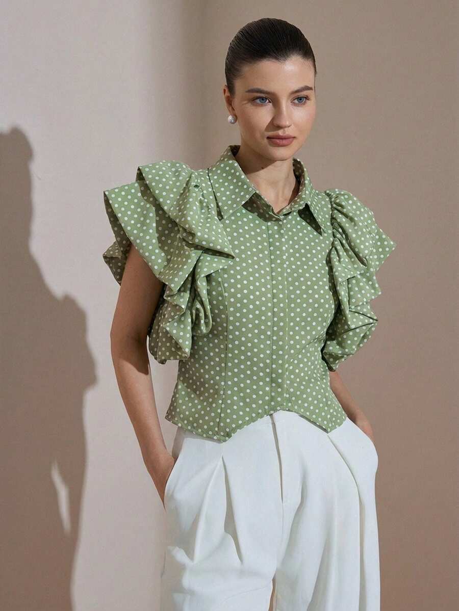 BELROSIE Blus Wanita Berkerah Elegan Berkualitas Tinggi dengan Motif Polkadot Retro Prancis, Lengan Mengembang, dan Kerah Mewah. - Hijau - View 1