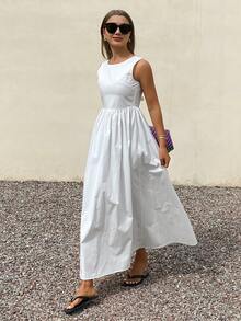 DAZY Đầm dài xếp ly cổ tròn màu trơn dành cho nữ, kiểu dáng tối giản, thích hợp mặc mùa hè. - Trắng ngà - Xem 7